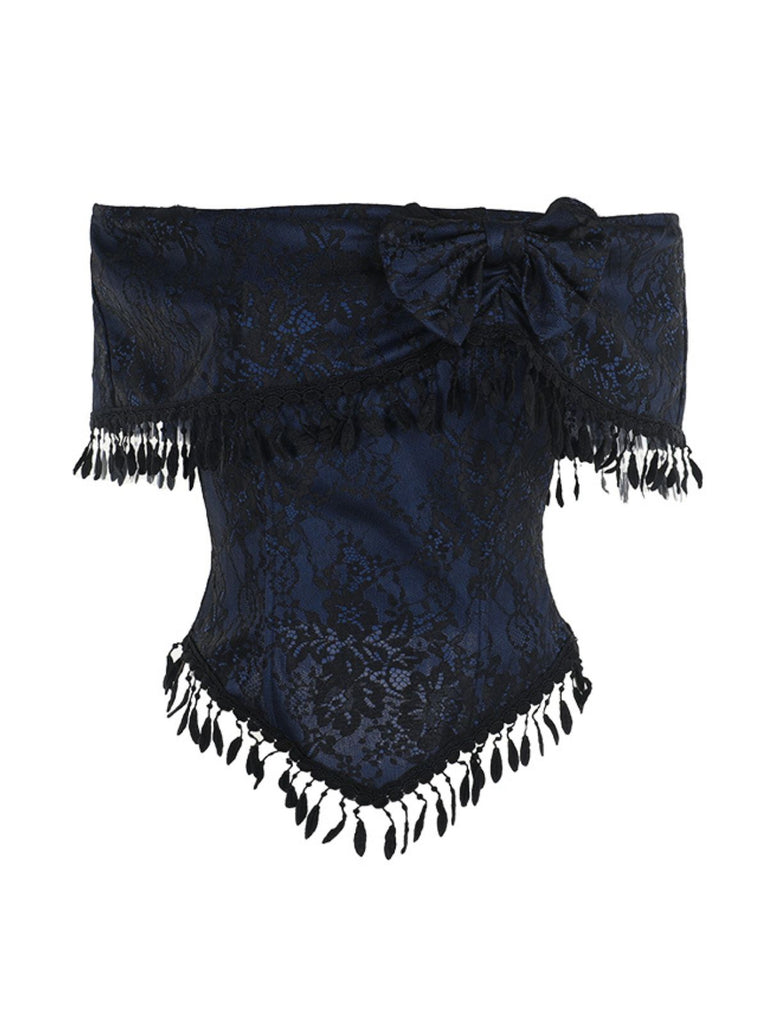 Haut bleu foncé épaules dénudées et pompons en dentelle des années 1930