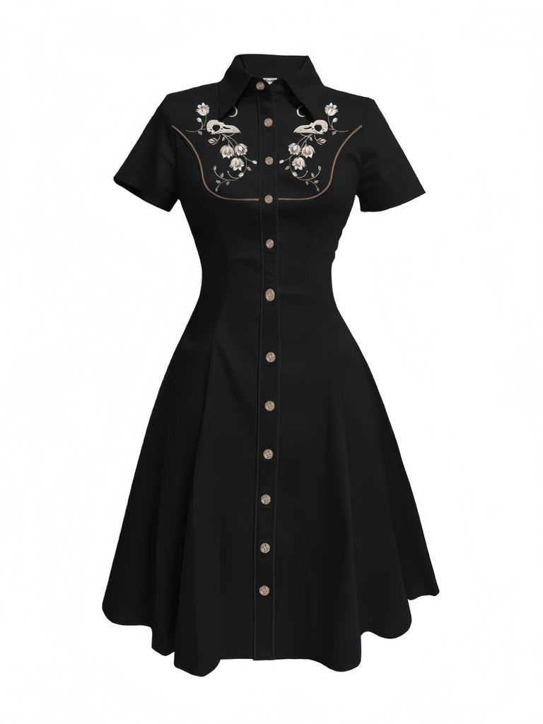 [Prévente] Robe noire en coton brodée de fleurs western années 1940