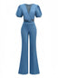 Combinaison bleue en denim à manches bouffantes années 1970