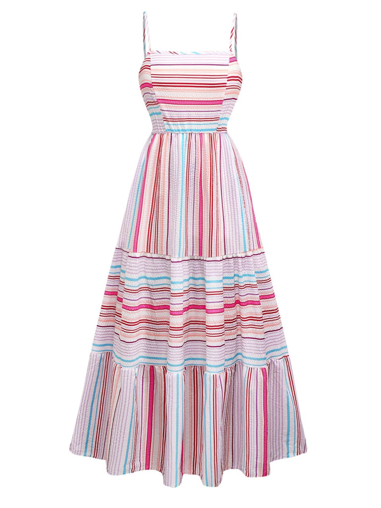 Robe tube rose à rayures arc-en-ciel années 1940