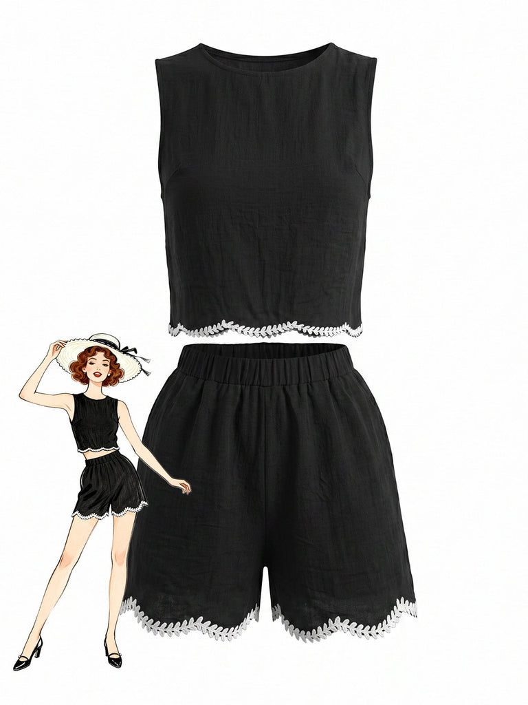 Ensemble 2 Pièces Gilet Sans Manches Crochet et Short Noir Années 50