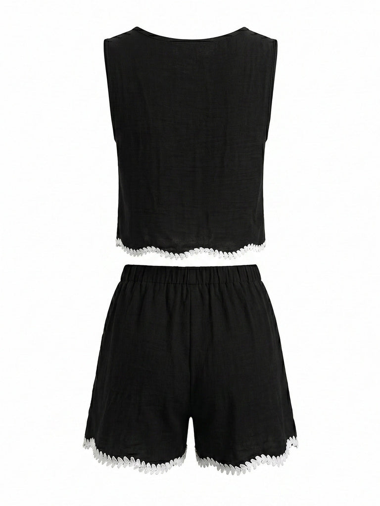 Ensemble 2 Pièces Gilet Sans Manches Crochet et Short Noir Années 50