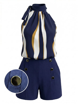 Ensemble 2 Pièces Haut Col Noué Rayé Vagues Abstraites & Short Boutonné Années 1950