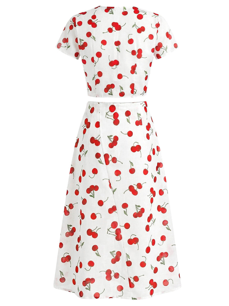 Ensemble 2 Pièces Crop Top Col V Imprimé Cerises & Jupe Rouge Années 1960 4