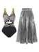 Bikini set with metallic pleated skirt on a white background