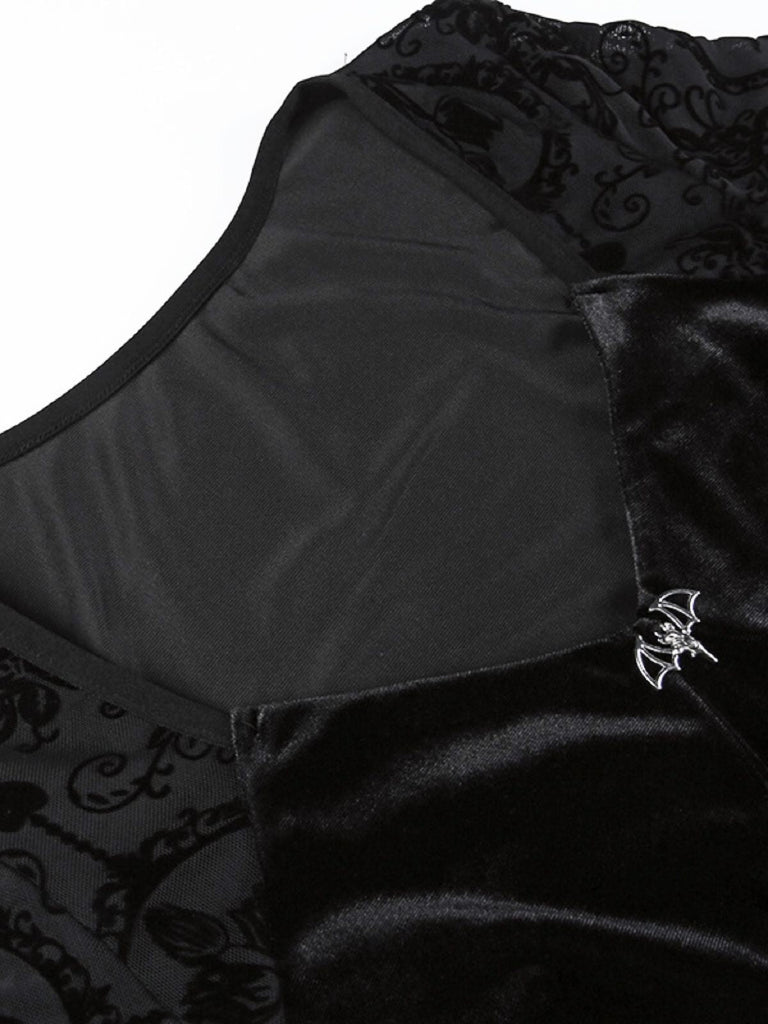 Robe noire floquée à lacets gothique des années 1960