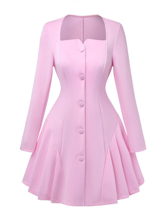 Robe Uni Plissée Manches Longues Col CœurAnnée 1950