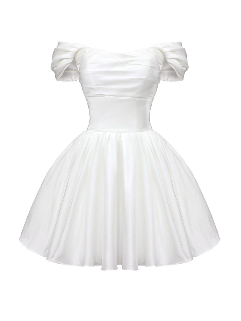 White 1960s Satin Off-Shoulder Mini Dress