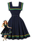 Robe sans manches à rayures ondulées bleu marine col carré années 1950