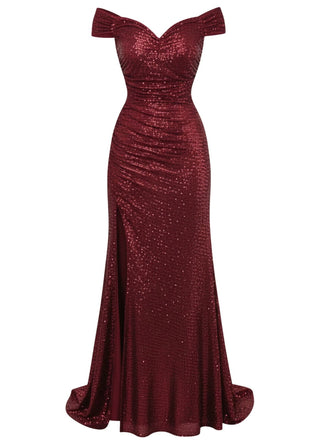 Robe longue fendue paillettes et épaules dénudées rouge années 1930