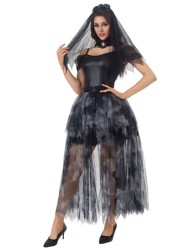 Robe noire en tulle mariée fantôme Halloween années 1970