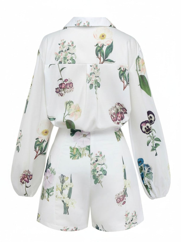 2PCS Ensemble Blouse Lin Fleurie Short Blanc Année 1960