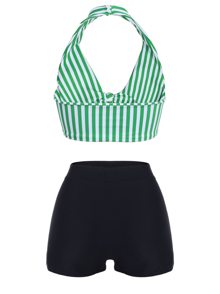 Maillot de bain vert à rayures col v dos nu rétro