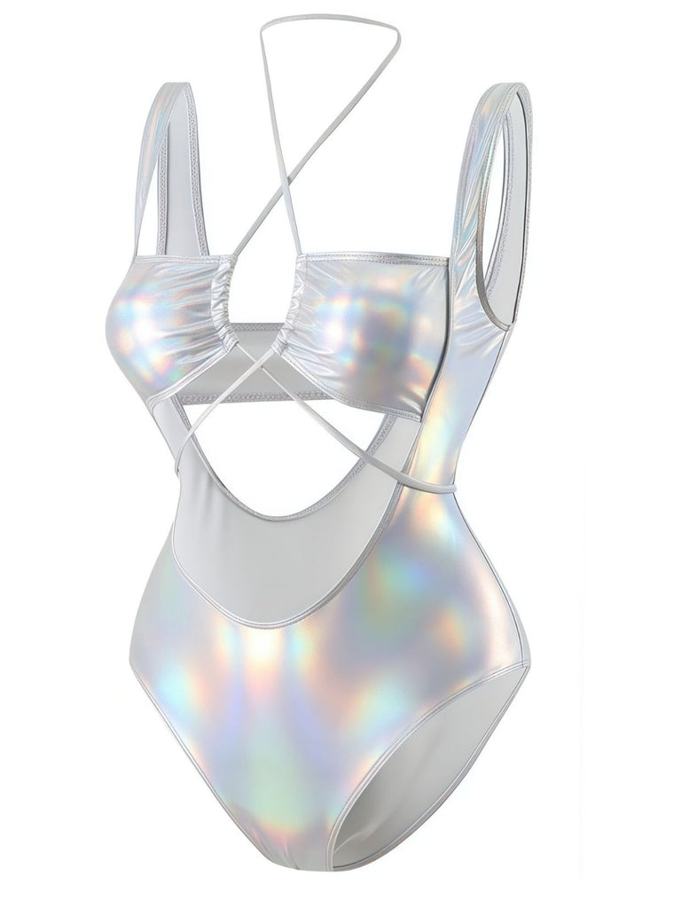 Maillot de bain une pièce métallisé à découpes et décolleté dos nu années 1970