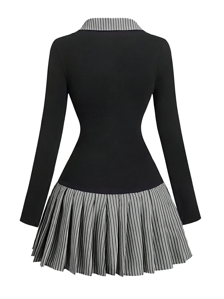 Robe à col en V rayée et plissée effet deux-en-un années 1960