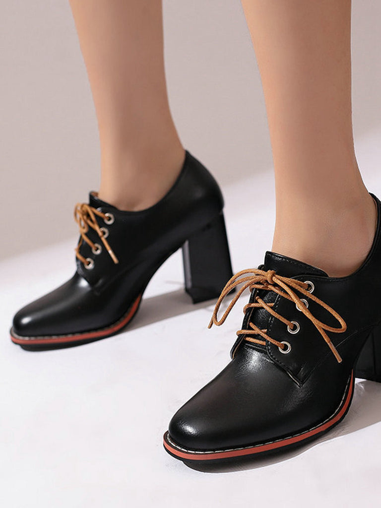 Chaussures En Cuir Vintage À Lacets Talon Épais