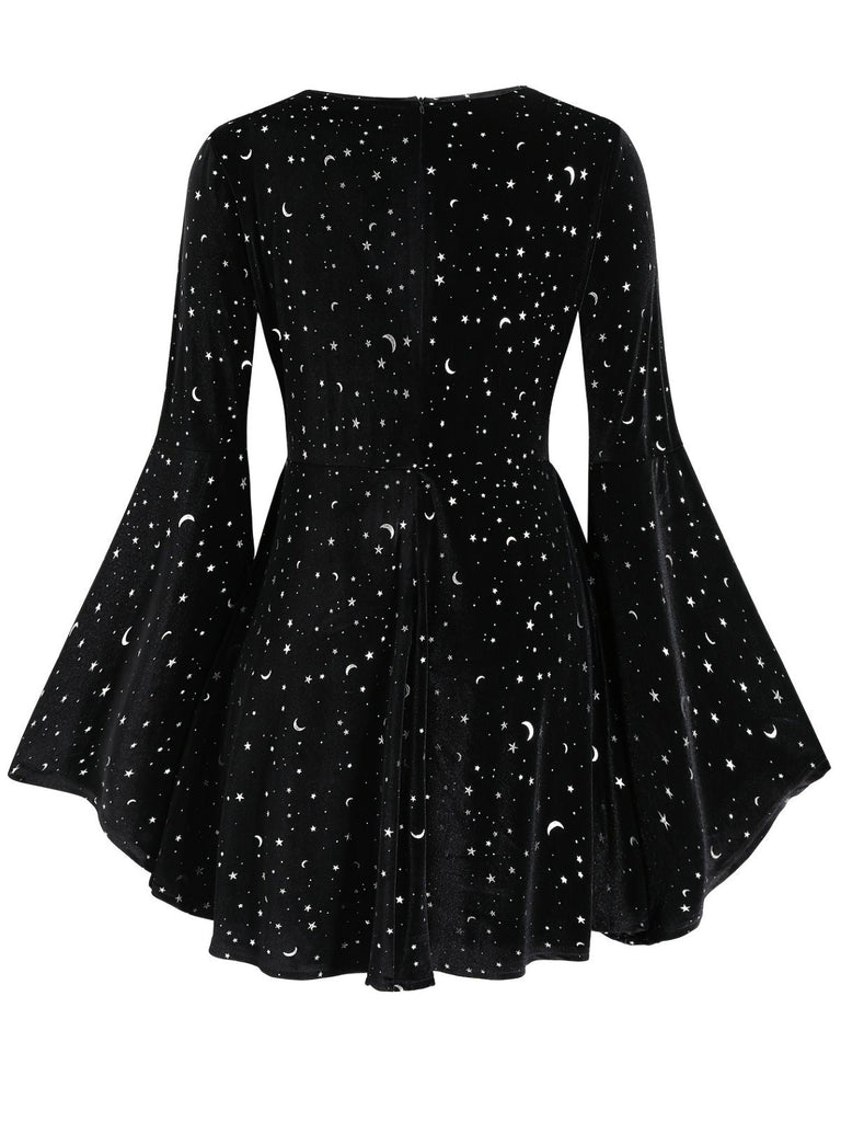 [Grande taille] Robe noire en velours col en V motif étoiles des années 1960
