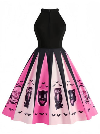 Robe trapèze noire et rose imprimé effrayant Halloween années 1950