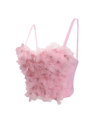 Haut court rose à fleurs 3D et strass des années 1970