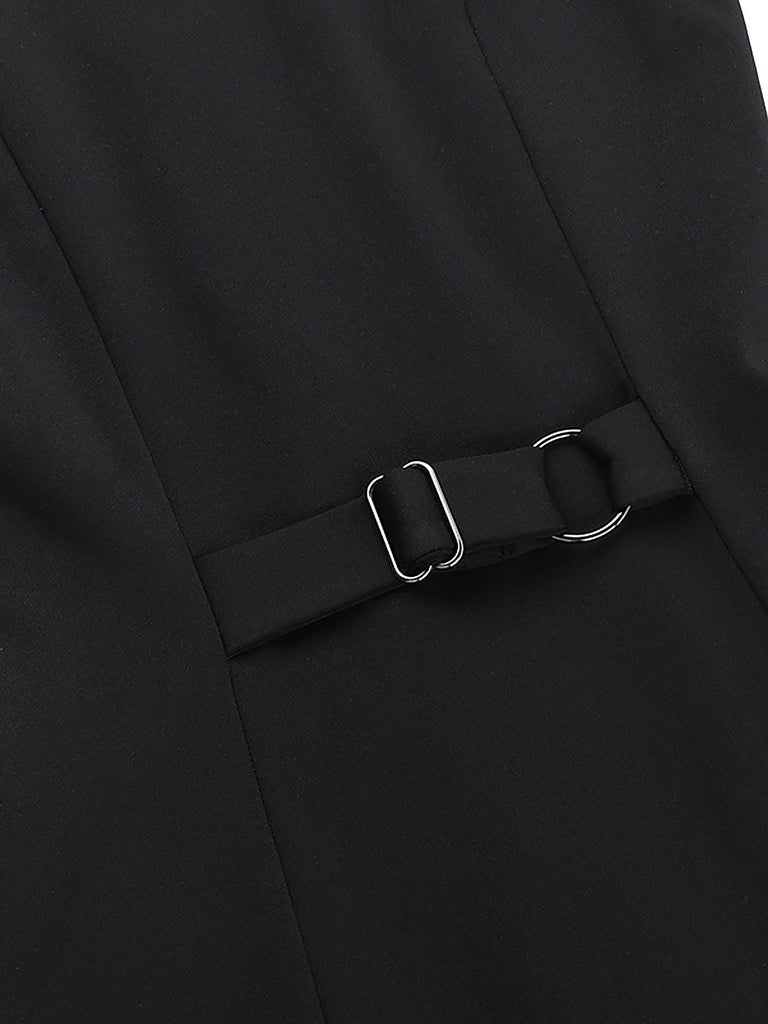 Robe moulante noire sans manches à boutons solides des années 1960
