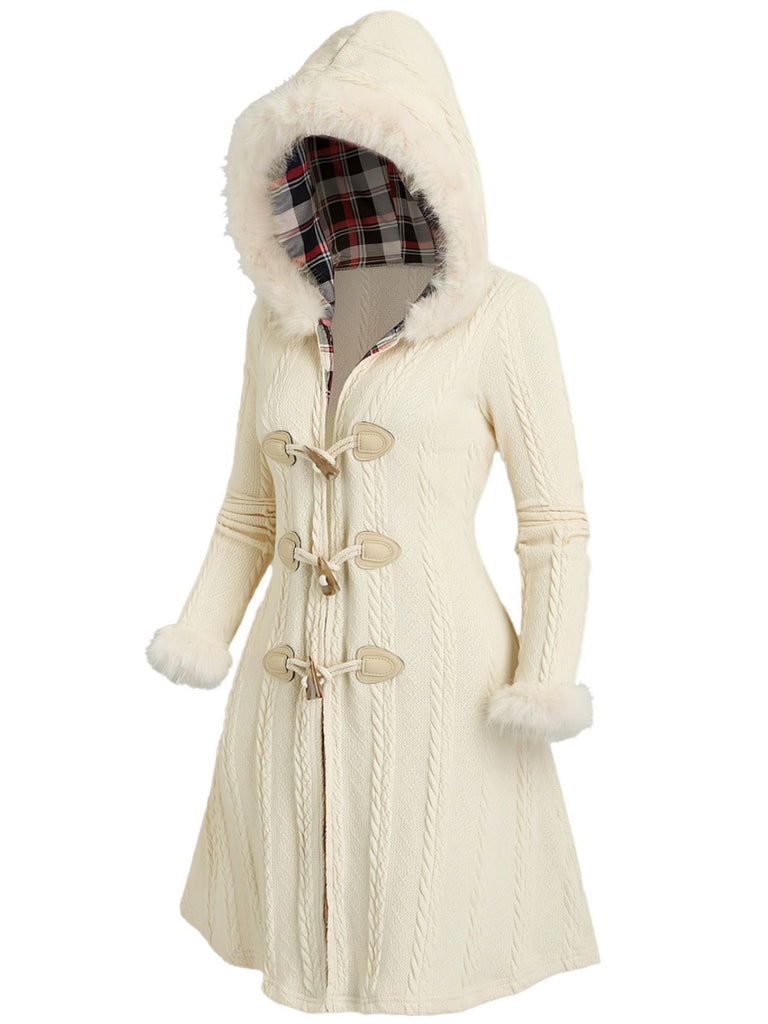 [Grande Taille] Manteau à capuche en maille ivoire bordée de fourrure des années 1950