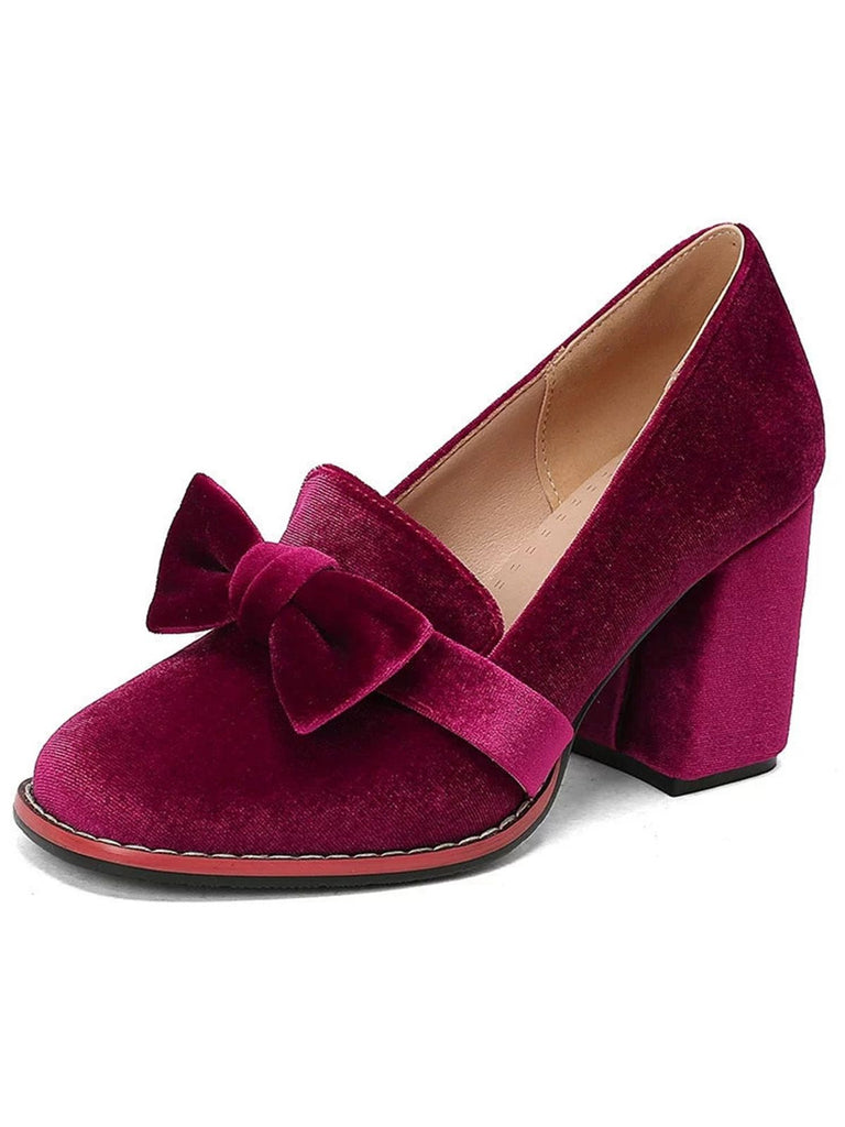 Chaussures à talons carrés en velours uni avec nœud papillon
