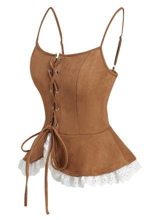 Haut corset en daim marron à lacets des années 1950