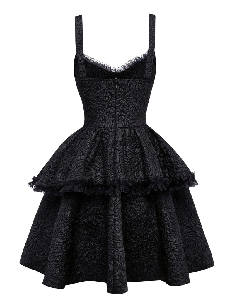 Robe noire à lacets en patchwork de dentelle texturée gothique des années 1980