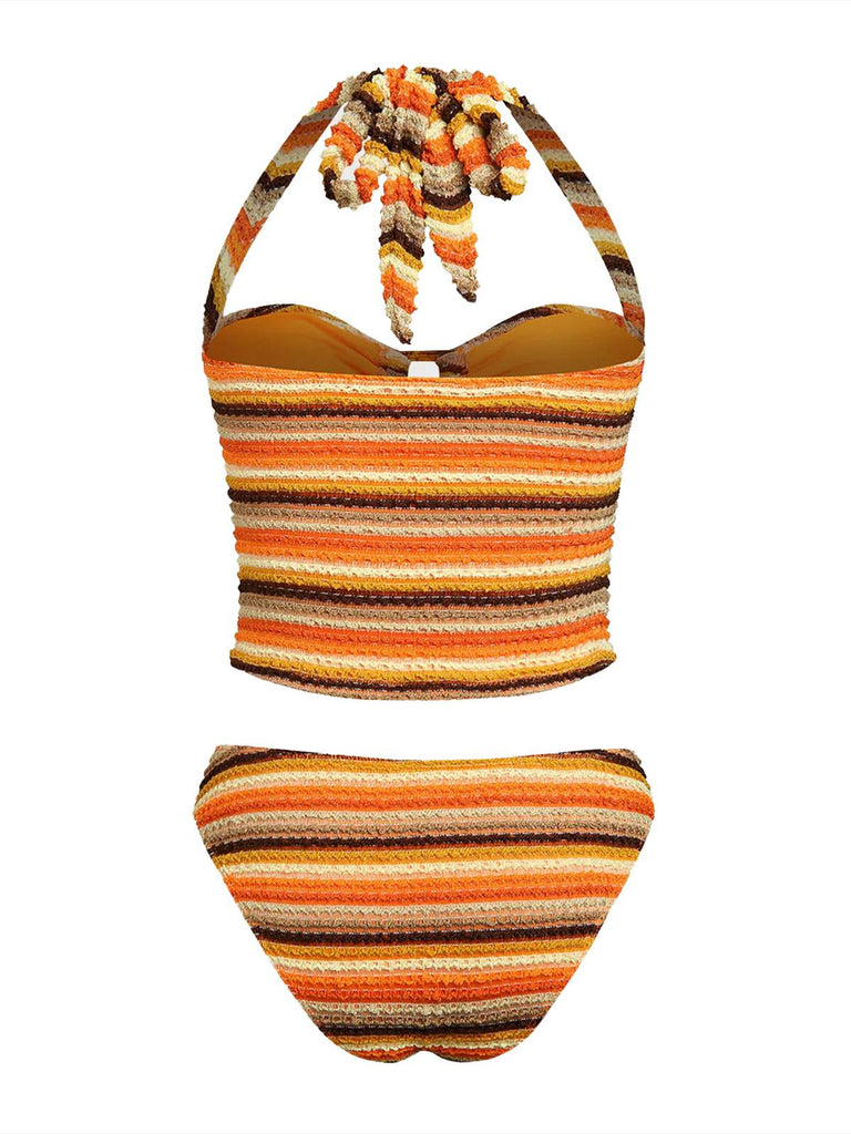 Maillot de bain dos nu rayé en maille orange années 1980