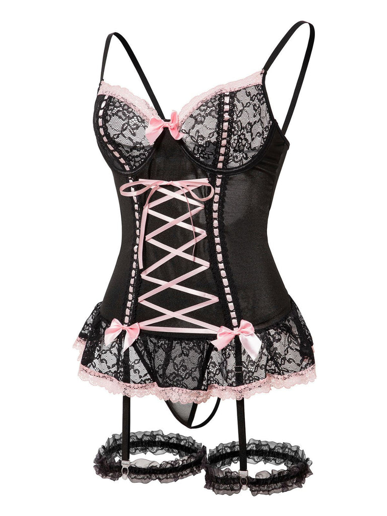 Ensemble de lingerie lacets et nœud en dentelle contrastée années 1970