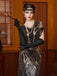 Robe longue à sequins dorés col en V et pompons années 1920