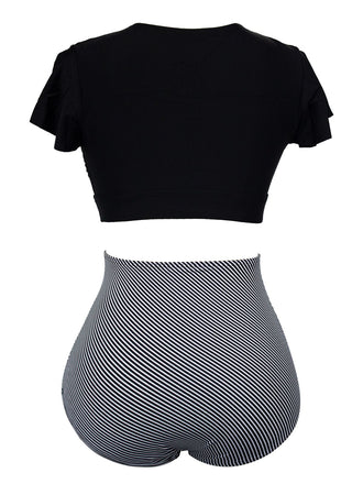 Maillot de bain noir manches volantées rayures avec nœud années 1950