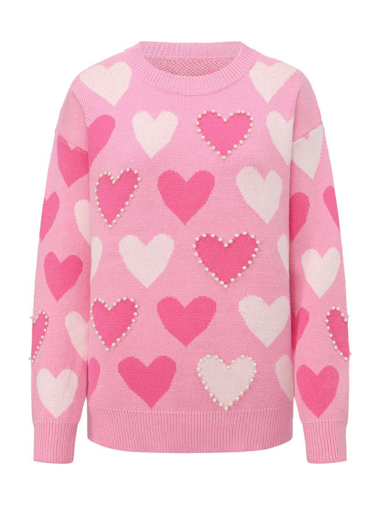 Pull rose perles en forme de cœur années 1950
