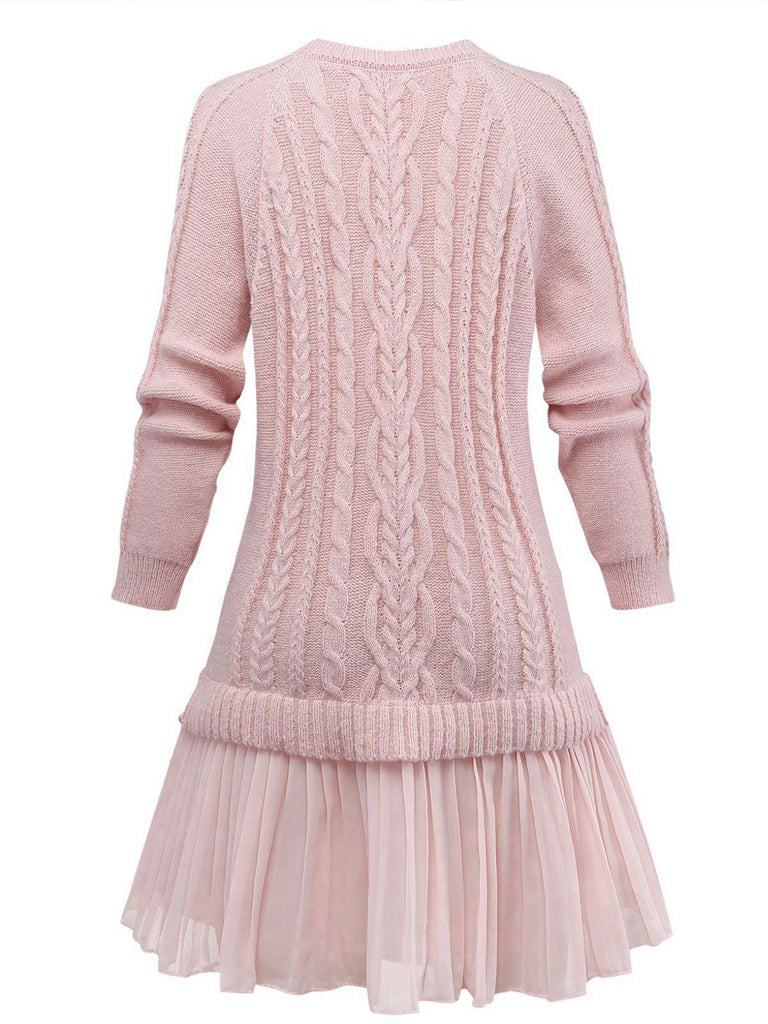 Robe pull plissée en maille torsadée rose unie des années 1940