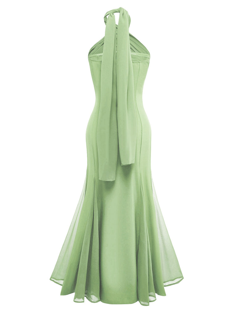 Robe convertible verte col licou croisée en mousseline de soie années 1930