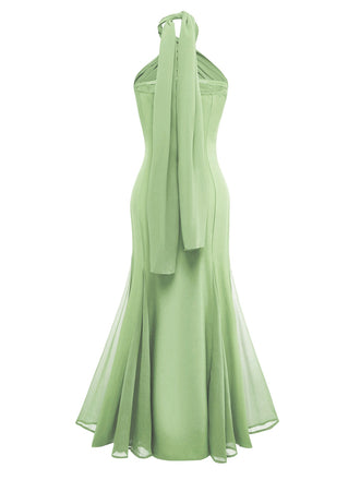 Robe convertible verte col licou croisée en mousseline de soie années 1930