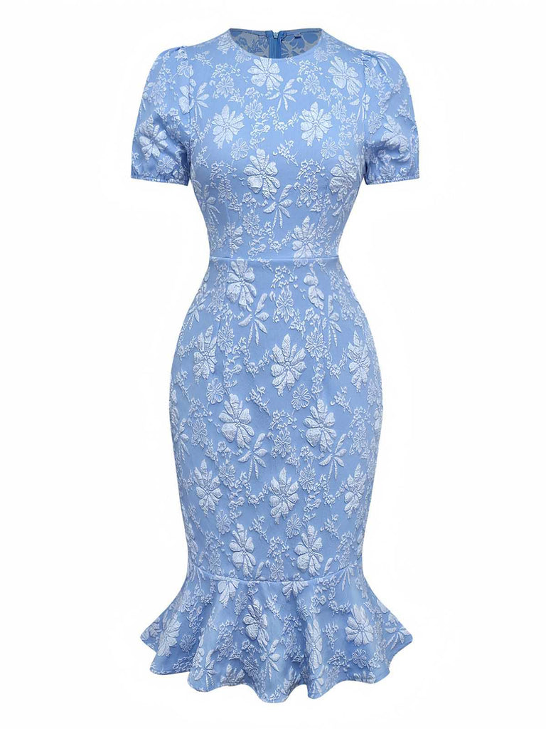 Robe bleu clair marguerites à manches bouffantes années 1960