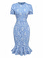 Robe bleu clair marguerites à manches bouffantes années 1960