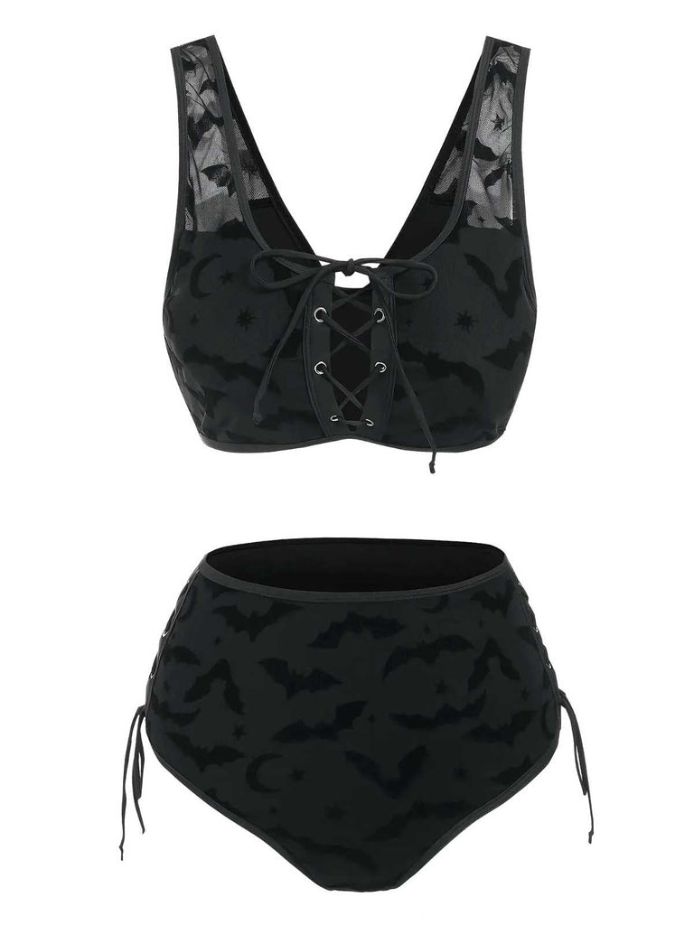 Ensemble bikini gothique en maille chauve-souris noire années 1980