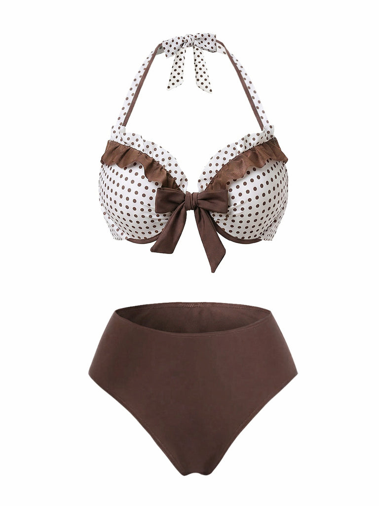 Maillot De Bain Jupe Bretelles Nues Marron À Pois Volants Année 1970