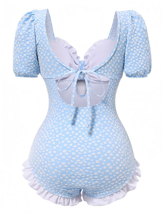 Maillot de bain une pièce bleu à volants et petites fleurs des années 1940