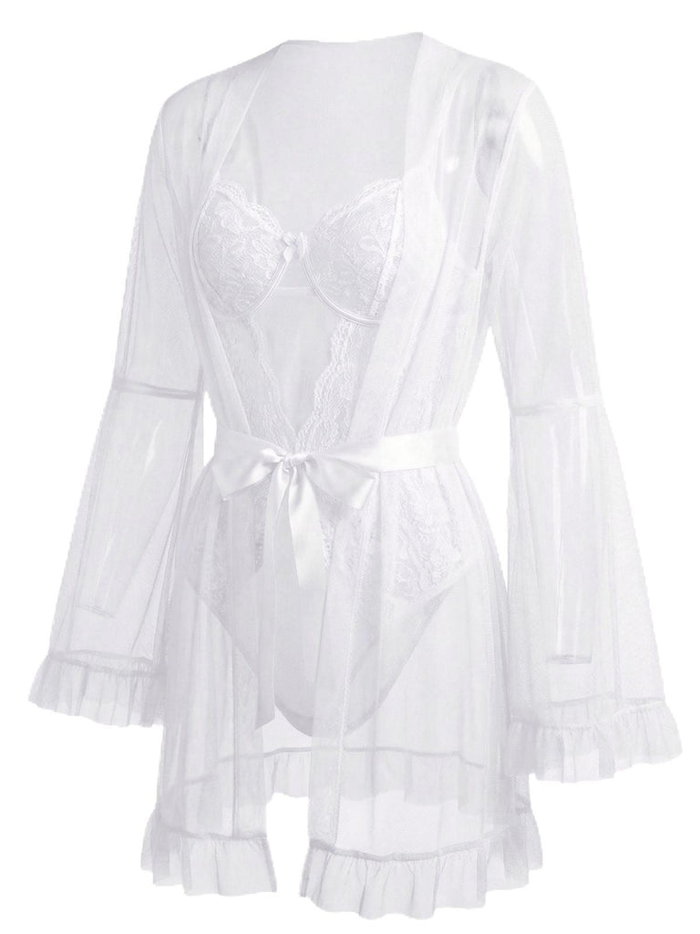 Ensemble de pyjama patchwork en dentelle transparente rouge années 1960