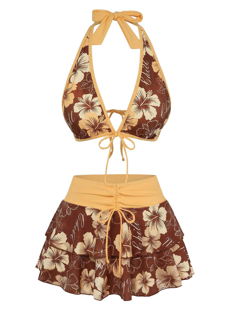 Bikini bleu imprimé floral volanté années 1960
