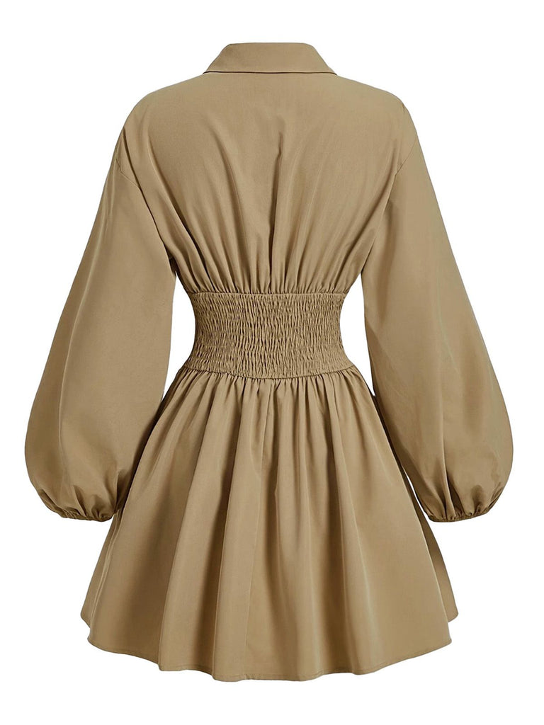 Robe beige manches bouffantes col revers et taille élastiquée années 60
