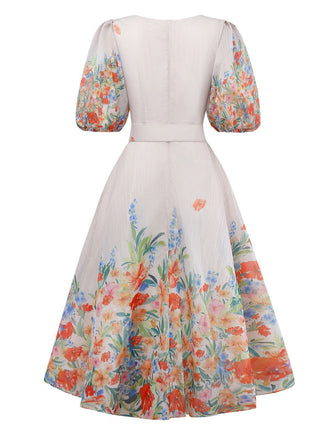 Robe multicolore à fleurs col en V manches lanternes années 1950
