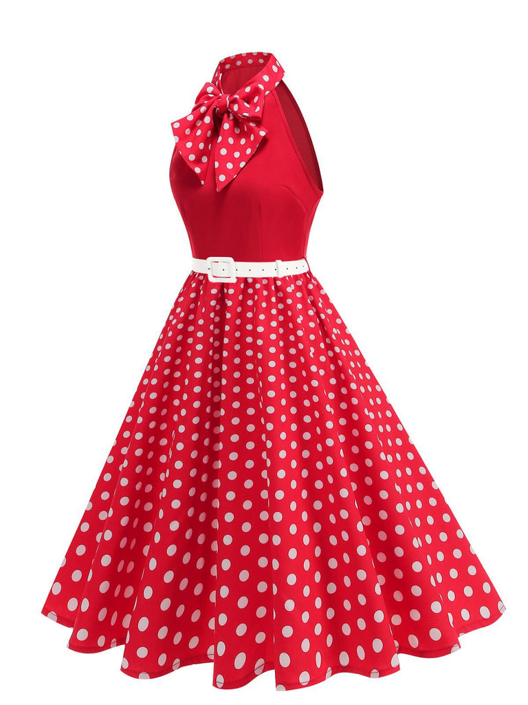 Robe Ceinturée Nœud Papillon Col Pois Années 1950