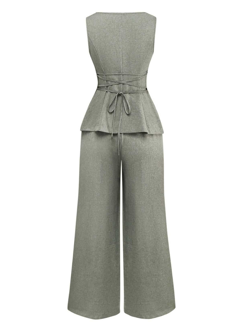 2PCS Gilet et pantalon large style bureau uni des années 1940