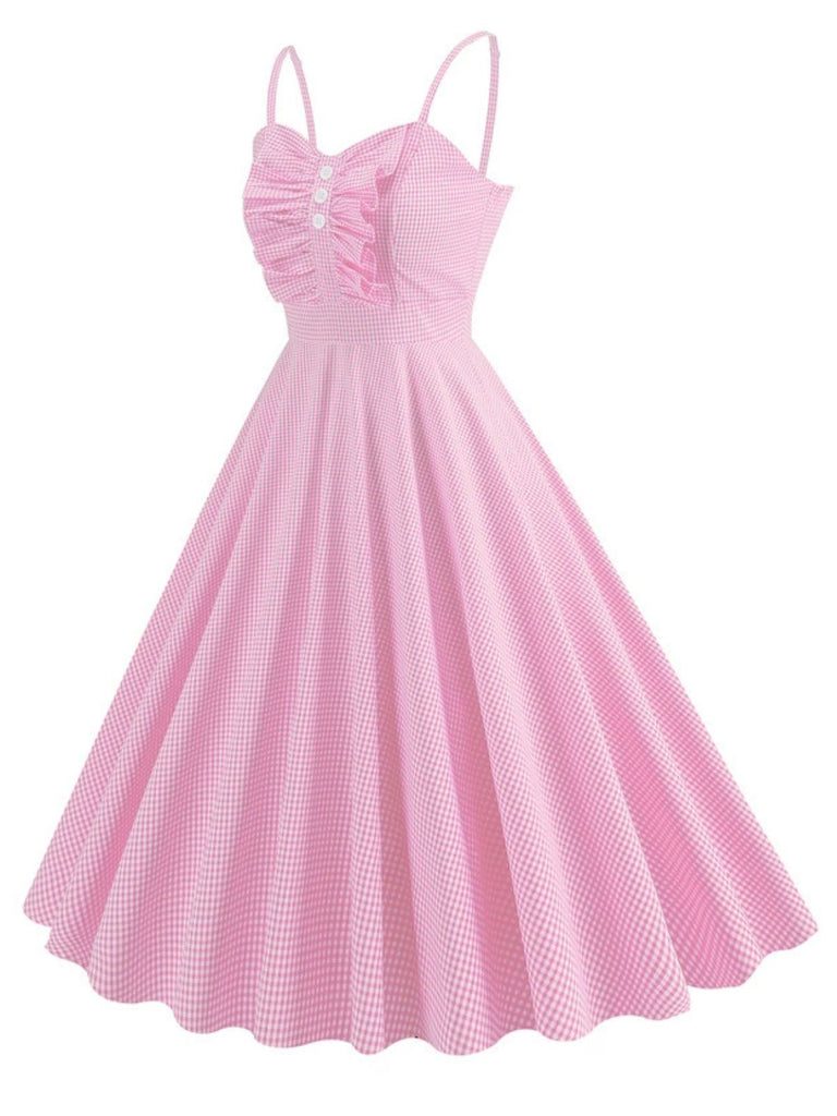 Robe trapèze boutonnée à bretelles spaghetti et carreaux des années 1950