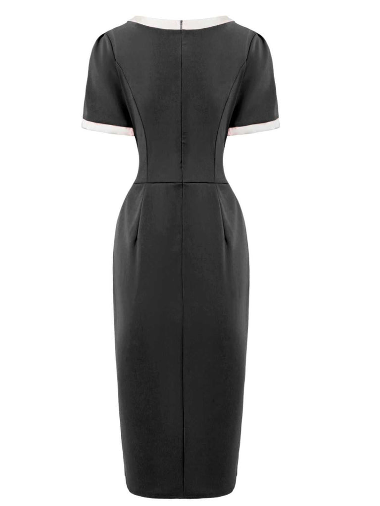 Robe moulante nœud et col rond colorblock années 60