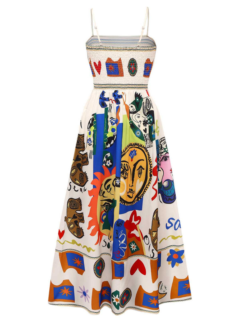Robe longue multicolore à bretelles imprimé graffiti des années 1970